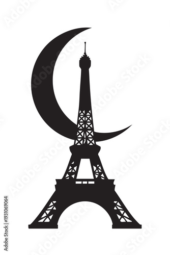 Romantic Paris Eiffel Tower with crescent moon black silhouette vector