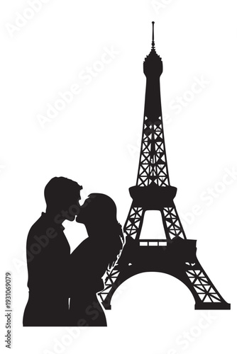Romantic couple silhouette hugging near the Eiffel Tower vector illustration