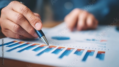 Close-up of hand analyzing financial graphs on paper