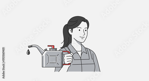 Woman Mechanic Holding Oil Can with Drip, Automotive Service and Repair