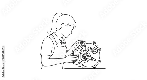 Woman Mechanic Inspecting Gearbox Assembly, Line Art Illustration