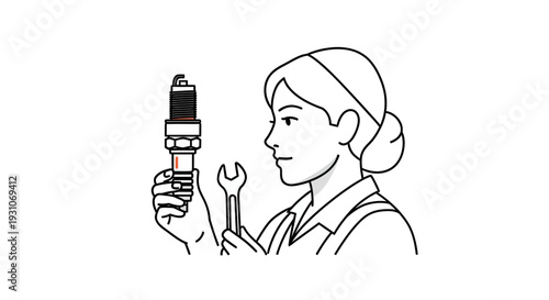 Woman Mechanic Holding Spark Plug and Wrench, Auto Repair Service, Car Maintenance