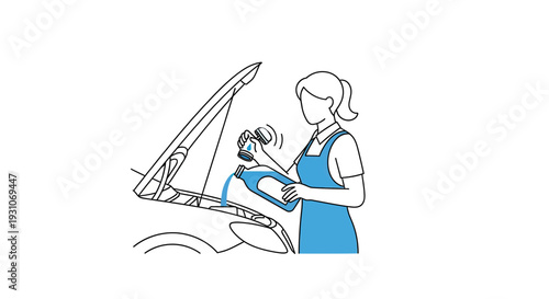 Woman pouring oil into car engine, auto maintenance, DIY car care, service concept