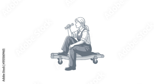 Woman worker sitting on trolley, eating sausage, taking a break, monochrome illustration