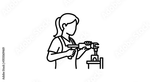 Woman worker using power tool on assembly line, industrial manufacturing concept