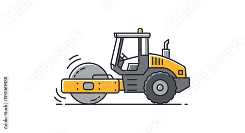 Yellow steamroller compacting road construction, heavy machinery illustration