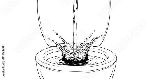 Monochrome line art illustration capturing a powerful water splash within an open toilet bowl