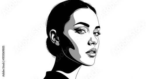 Captivating monochrome graphic vector portrait of a woman's elegant profile and striking gaze
