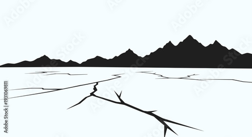 Stark minimalist cracked land vector illustration with distant mountain silhouettes and a desolate