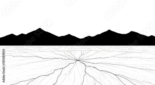 Monochromatic mountain peaks towering above a fractured, expansive frozen lake creating stark
