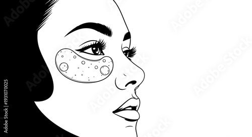 Illustrated portrayal of a woman engaging in an eye pampering routine with a cosmetic patch
