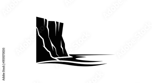 Bold graphic illustration of a dramatic seaside cliff overlooking calm ocean waves minimalist