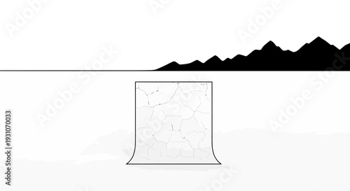 Abstract monochromatic landscape featuring cracked earth and distant mountain silhouettes