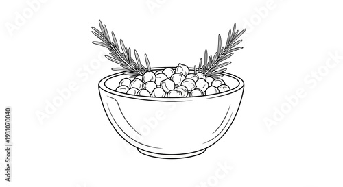 Line art illustration of a bowl filled with wholesome chickpeas garnished with fresh rosemary sprigs