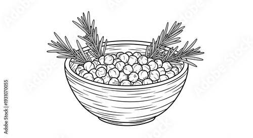 A captivating line art illustration of a rustic bowl filled with fresh chickpeas and aromatic