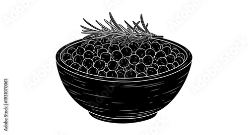 Stylized monochrome illustration of a bowl brimming with small berries and aromatic fresh rosemary
