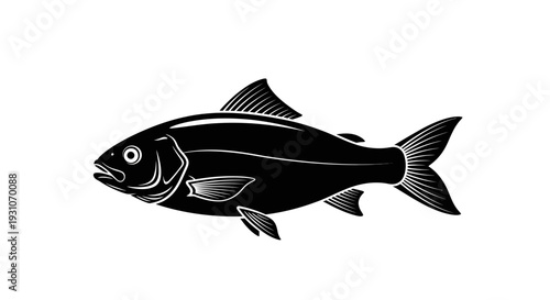 Elegant graphic illustration featuring a stylized black fish silhouette swimming gracefully on white