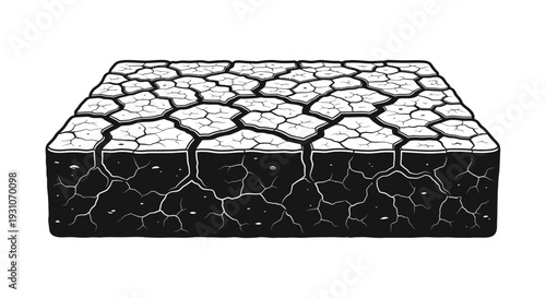 Stylized black and white illustration of severely cracked dry earth symbolizing drought and