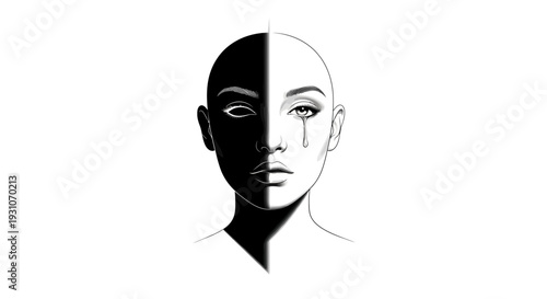Striking monochromatic portrait symbolizing emotional duality and stark human contrast
