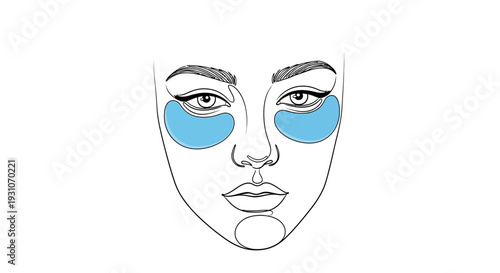 Minimalist line art illustration of a woman's face with refreshing blue eye patches for skincare