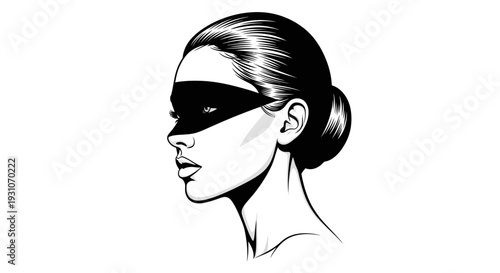 Enigmatic female profile with sleek hair and stylish eye mask digital vector illustration