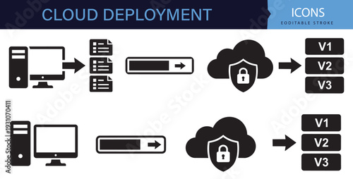 Bundle containing cloud deployment and secure software release DevOps outline icons