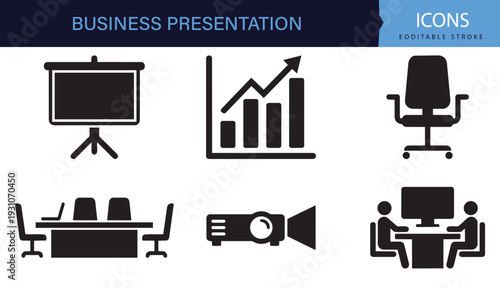 Collection of business presentation and conference room meeting outline icons set