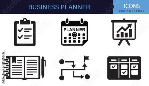 Set of business planner and task management goal tracking outline icons