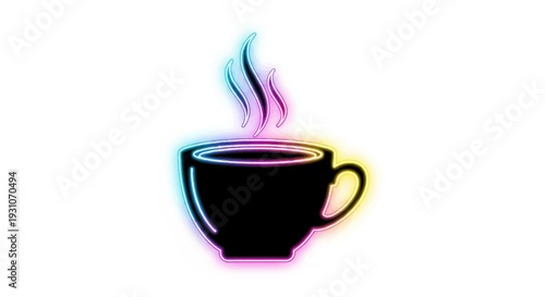Vibrant neon outlined steaming beverage cup glowing brightly against a pristine white background