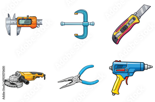 Orange digital caliper, a blue bar clamp, a yellow utility knife, a yellow angle grinder, blue needle nose pliers, and a blue and yellow nail gun
