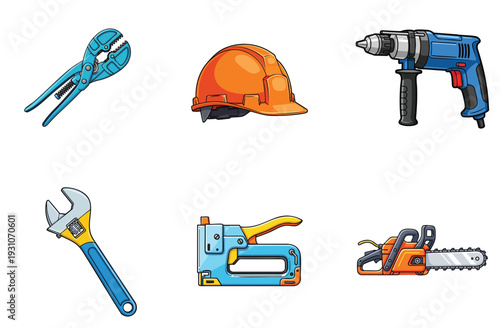Industrial construction tools collection with orange safety hard hat blue power drill adjustable wrench stapler chainsaw and water pump pliers set isolated on white for building and repair works