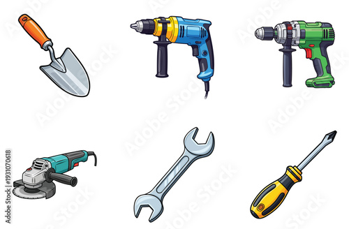Orange handle garden trowel, a blue and yellow power drill, a green and black power drill, a teal angle grinder, a silver open end wrench, and a yellow and black flathead screwdriver