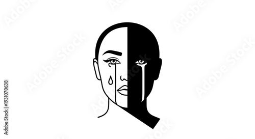 Monochromatic duality of sorrow, a split face weeping in contrasting light and shadow exploring