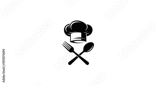 Professional culinary emblem featuring chef's hat with classic crossed fork and spoon