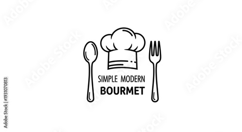 Clean outline design of chef's hat with spoon and fork for modern culinary brand simple bourmet logo