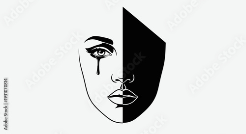 Abstract monochrome portrait revealing a solitary tear contrasting with profound shadow, evoking