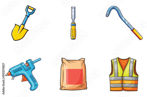 Set of isolated construction tools and safety equipment on transparent background: shovel, chisel, crowbar, hot glue gun, cement bag, safety vest