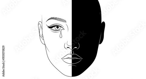 Melancholy expression revealing vulnerability juxtaposed with an enigmatic shadowed silhouette