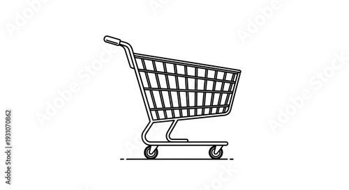 Minimalist outline illustration of an empty shopping cart, perfect for retail and commerce visuals