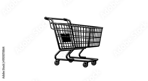 Detailed monochrome illustration of an empty grocery shopping cart for retail and commerce designs