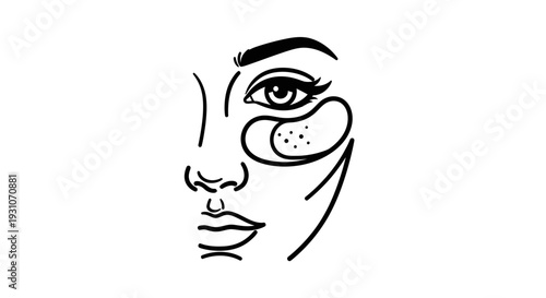 Abstract line art of a woman's face with under-eye patches for beauty and cosmetic care routine
