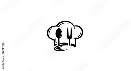 Elegant culinary emblem featuring a classic chef's hat with integrated kitchen utensils, perfect