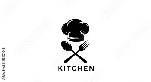 Stylized culinary emblem featuring a professional chef's hat above crossed silverware with