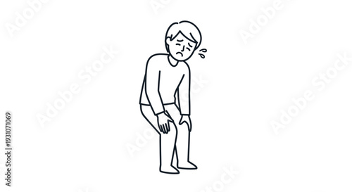 A simple line art illustration depicting a man experiencing physical fatigue and knee discomfort