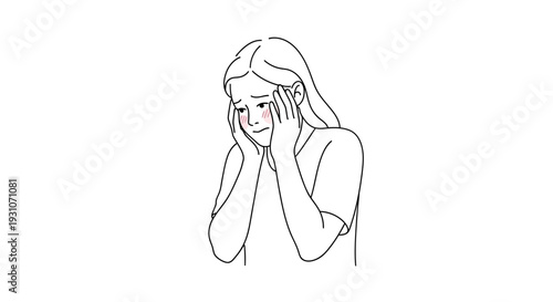 Depiction of an expressive individual feeling modest, hands delicately covering blushing cheeks