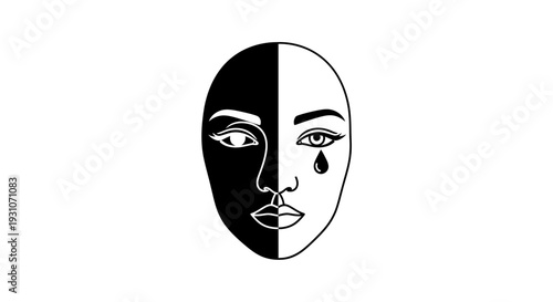 A striking minimalist monochrome illustration showcasing emotional duality and contrasting human