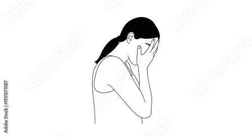 Minimalist line art illustration of a woman covering her face, depicting feelings of sorrow,