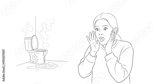 Woman's shocked reaction to a messy overflowing toilet causing a foul odor in the bathroom