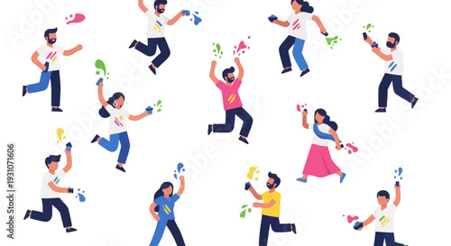 Joyful people celebrating a vibrant color festival, splashing paint and having fun