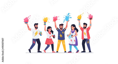 Diverse Group of Friends Celebrating Festival of Colors with Joyful Expression and Powder Splashes